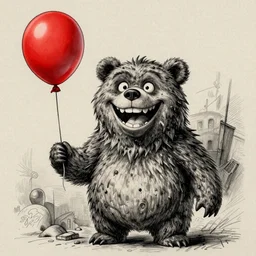 surrealism grunge cartoon portrait sketch of a bear with a wide smile and a red balloon by - michael karcz, loony toons style, mad max style, horror theme, detailed, elegant, intricate