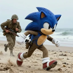 film still from Saving Private Ryan of Sonic The Hedgehog storming Normandy beach as a ww2 soldier