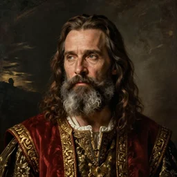 flattering regal painting of bearded willem dafoe, renaissance oil painting, studious chiaroscuro