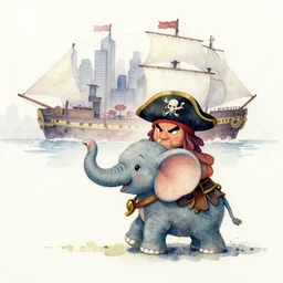 watercoler on rough paper, little elefant, ridden by an angry pirate, big ship in the background, artistic, foggy, huge city
