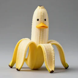 Professional photograph of a peeled banana with small dot eyes and a duck beak