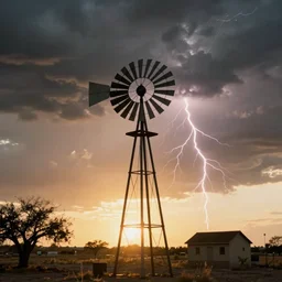 photo of a stormy west texas sunset, perfect american windmill, film photo, lightning, golden hour, high quality, beautiful!!!