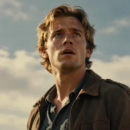 Men look up at the sky, frightened, Scenes from some action movie