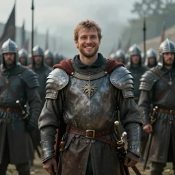 beautiful cinematic shot of a medieval commander standing in the foreground with his army of warriors behind him with a smile on his face, artwork by greg rutowski, 4 k, masterpiece
