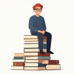 a man with red hair and glasses sits on top of a tall pile of books. clean cel shaded vector art, beautiful detailed face. shutterstock. behance hd by artgerm, helen huang, by makoto shinkai and lois van baarle, ilya kuvshinov, rossdraws, illustration, art by ilya kuvshinov