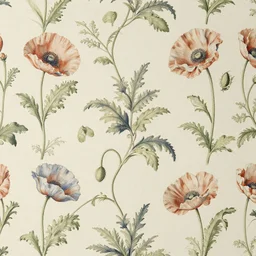 detailed vintage botanical wallpaper, poppies and vines,