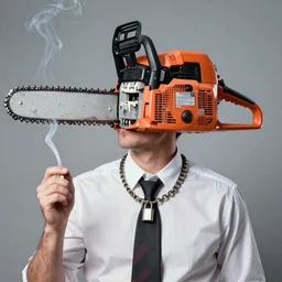man with chainsaw instead of head, wearing lock necklace, sharp teeth, photography, smoking costume, necktie, 8 k, realism, higher detail