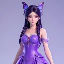 a butterfly princess wearing purple dress, wearing butterfly braid, fairy goddess, symmetrical face, from belly to face angle, highly detailed clothing, octane render, unreal engine, trending on artstation.