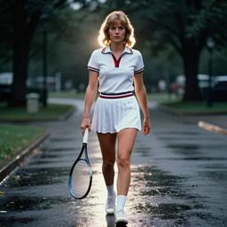 A Long-shot from front, color outdoor photograph portrait of a woman in tennis wear is walking on the rainy street, dramatic backlighting, 1970 photo from Live Magazine.