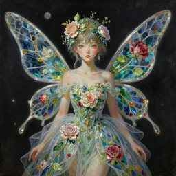 breathtaking detailed painting of a fairy princess from the back, by ayami kojima and brom, gauze rose dress of stained glass floating around, detailed realistyc symmetrical facial features, amalgamation of leaves and flowers, 8 k, concept art, matte, sharp focus, rembrandt style