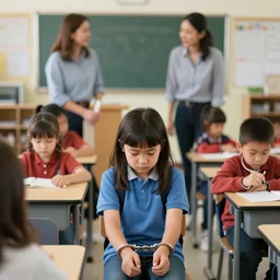 sad kids wearing handcuffs at school while teachers look at them