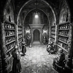 black and white one point perspective apothecary dungeon rpg fantasy dungeon hall view by artgerm and Craig Mullins, James Jean, Andrey Ryabovichev, Mark Simonetti and Peter Morbacher 16k