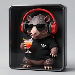 black t-shirt armadillo in a box with red headphones and sunglasses drinking a cocktail, a design masterpiece highly detailed, superrealism 8k resolution