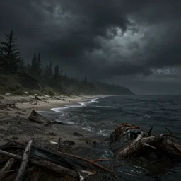 ominous decaying dystopian wasteland beach with dark water, hyperrealism photorealistic photography hyper real resolution cinematic octane render vray