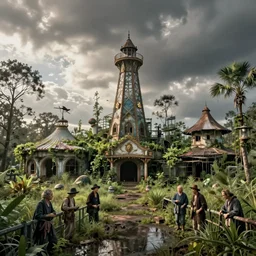 an abandoned overgrown theme park in a swamp, photorealistic movie still by michael komarck, greg rutkowski, victo ngai, artgerm, willem claesz heda and j. dickenson