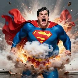 Superman >yelling<<<< screaming! , body swelling about to explode, distress, mania, freaking out, insane, panic, breakdown
