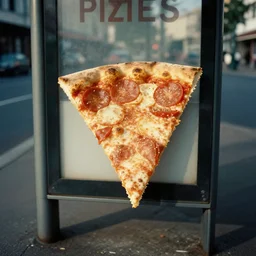 a sentient slice of pizza waiting at a bus stop, canon 5 0 mm, cinematic lighting, photography, retro, film, kodachrome
