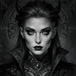 Necromancer Sorceress face close-up in center, fantasy magic, undercut hairstyle, dark light night, intricate, elegant, sharp focus, illustration, highly detailed, digital painting, concept art, matte, art by WLOP and Artgerm and Greg Rutkowski and Alphonse Mucha, masterpiece