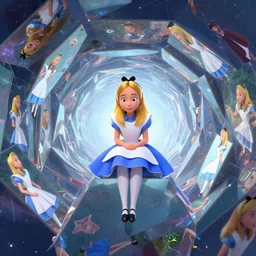 a pixar alice from wonderland sitting on top of a non - euclidean infinite tunnel of evanescent hallucinatory images in endless mirrors that temporarily cling to a virtual node of experience called the self in an illusion called spacetime, hyperdetailed, octane render, nvidia raytracing demo