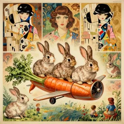vintage illustration of rabbits making a flying machine out of carrots, 4 k post - processing highly detailed by wlop, junji murakami, mucha klimt, sharandula, hiroshi yoshida, artgerm, craig mullins