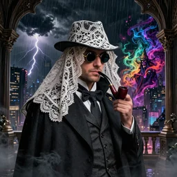 portrait photo of a noir steampunk detective with pipe, monocle, cape, a dark storm closes in over the city, lightning, rain, mist, smoke, anonymous intricate lace vail, evil powerful wizard mage, intricate colorful cosmic smoke magic, baroque gothic victorian interior cyberpunk city vista, 8 k, style of artgerm, andreas rocha, hiroshi nagai
