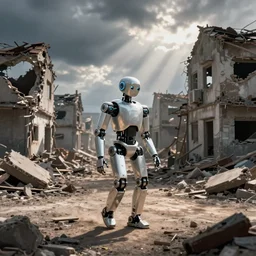 color video footage, a robot walking in the destroyed home town,