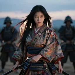 gorgeous japanese warrior princess in a battle scene, open long hair, beautiful intricately decorated clothing, natural pose, backlight, dusk, shallow depth of field, matte painting, coherent composition, karole bak, mohrbacher, hasui kawase