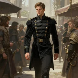 a high official, walking through the market place, inspecting the people. he wears a well - tailored uniform, perhaps black velvet cloth with some ornate buckles and fancy stripes or other decorative touches. he holds himself tall with a piercing gaze, deep focus, d & d, fantasy, intricate, elegant, highly detailed, digital painting, artstation, concept art, matte, sharp focus, illustration, hearthstone, art by artgerm and greg rutkowski and alphonse mucha