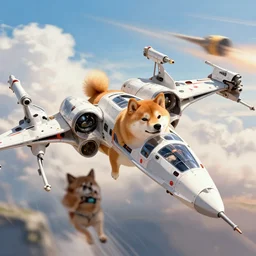 A Shiba Inu piloting an X-Wing, engaged in a vicious dogfight, digital art