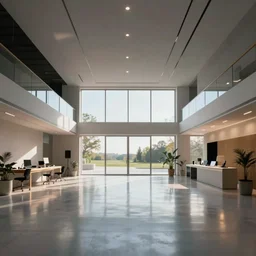 super detailed v - ray render broadcasts studio, big open floor architectural digest, wide shot, highly reflective light
