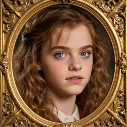 beautiful hermione with sparkling eyes, messy hair, closed up portrait, highly detailed, gold filigree, epic, stunningly beautiful, insanely detailed, fantasy novel, soft cinematic lighting, award, disney concept art, watercolor illustration by mandy jurgens and alphonse mucha and alena aenami, pastel color palette, featured on artstation