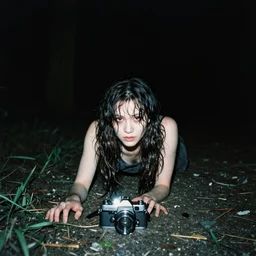 Photograph of Samara Morgan crawling through Silent Hill, dark, no lights, moist, taken using a film camera with 35mm expired film, bright camera flash enabled, award winning photograph, creepy, liminal space
