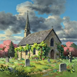 a traditional gouache painting of grapevine covered church in the middle of old cemetery destroyed after hurricane in a bloomy with a dramatic sky background, photoreal panorama, a matte painting by makoto shinkai, ghibli, deviantart, matte drawing, concept art, matte painting