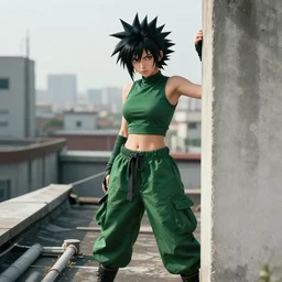athletic female ninja with spiky anime hair wearing a croptop and baggy pants, hiding in the rooftops, green color scheme, realistic 4k, highly detailed, art by Peter Mohrbacher