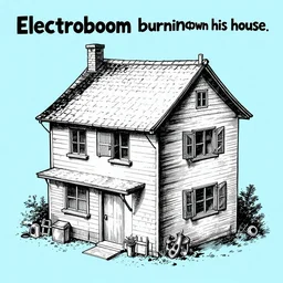 “Electroboom burning down his house, manga comic art with thick lines, light blue background”