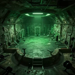 photograph of a gym build on a bunker, cinematographic, sharp focus, elegant, green light, unreal engine 5, octane, 4 k