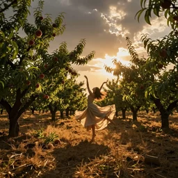 dancing in a field of ripe peach trees, photo, cinematic lighting, cinematic still, golden hour