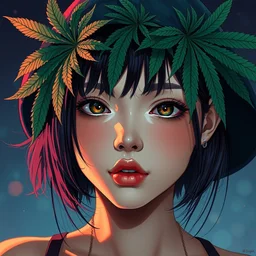 girl wearing cannabis marijuana hat | | very very anime!!!, fine - face, audrey plaza, realistic shaded perfect face, fine details. anime. realistic shaded lighting poster by ilya kuvshinov katsuhiro otomo ghost - in - the - shell, magali villeneuve, artgerm, jeremy lipkin and michael garmash and rob rey