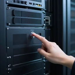 very detailed android pushes a button on a sci - fi server rack
