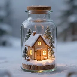 a tiny wooden cottage with warm lights in the snow inside a terrarium bottle.