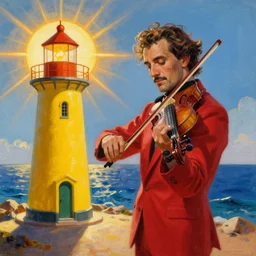 a man in red playing the violin next to a yellow lightinghouse, the sun is shining and the ocean is blue, Painting, Fine Art, Unreal Engine, Salvador Dali