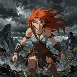 realistic detailed image of a female Amazon warrior auburn hair blowing in an angry, stormy mountain top, anime art, anime, inspired by H.R. Giger and Zdzislaw Beksinski, gothic, rich deep colors. A masterpiece.