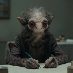 a strange creature sits at a table, film still from the movie directed by Denis Villeneuve with art direction by Zdzisław Beksiński, close up, telephoto lens, shallow depth of field