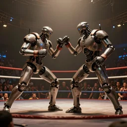 A concept art of  two mechanical robot fighting in the middle of a crowded boxing ring, highly detailed, scifi film color palette, ridley scott film, cinematic lighting, trending on artstation, cgsociety, volumetric lighting, hyper realistic, octane render, unreal engine
