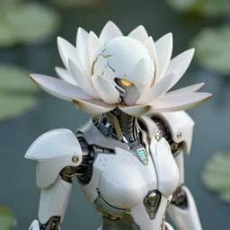 futuristic nymphaea mecha unit waterlily upper body, sepals forming helmet, floral details, nymphaea, 8 k hd resolution, barbatos gundam with floral inlay, bandai box art, star wars, makoto kobayashi, frank gehry, raymond swanland