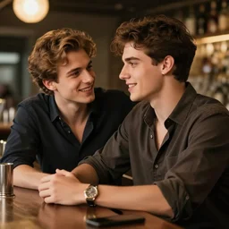 a very handsome young man who is flirting with another very handsome young man at a bar