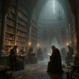 mysterious medieval library with monks, artstation, fantasy, fog