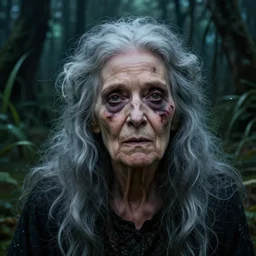 fantasy portrait of an emaciated yet energetic old woman with silky, cloudy grey hair, black scars on her face, swamp vegetation in the background, nocturnal palette, art by greg rutowski, raphael lacoste, eddie mendoza