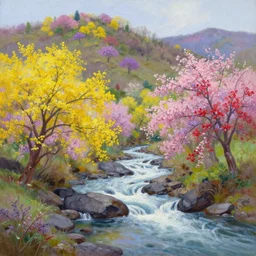 A beautiful landscape oil painting of a hill with trees, the spring has arrived and the trees are blooming and covered with yellow, pink, purple and red flowers, the river come from the waterfall and is zigzagging and flowing its way, the river has lots of dark grey rocks, by Greg Rutkowski