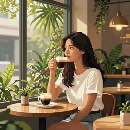 a thin, pretty young Filipino girl sits in the window of a Cafe with an espresso, golden morning light, tropical plants, amazing 16 bit pixel art, 6 colors,  artstation